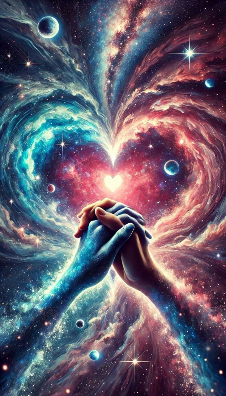 Dos manos unidas frente a un corazón cósmico