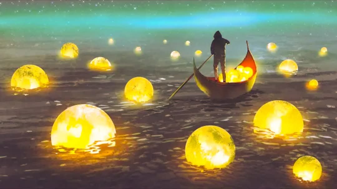 Luces doradas flotando sobre el agua